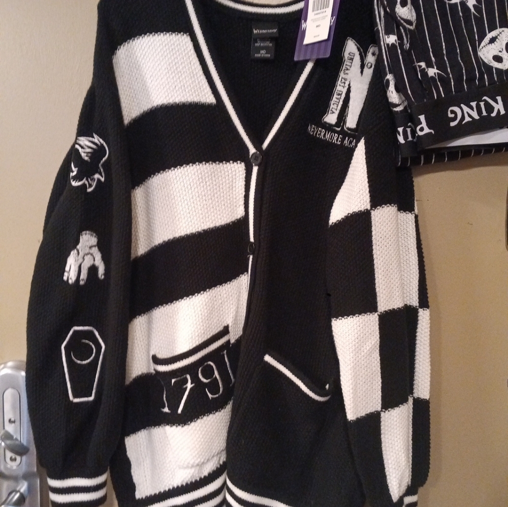 Disney Wednesday Black And White Cardigan Button Down Embroidered Arm , Pocket